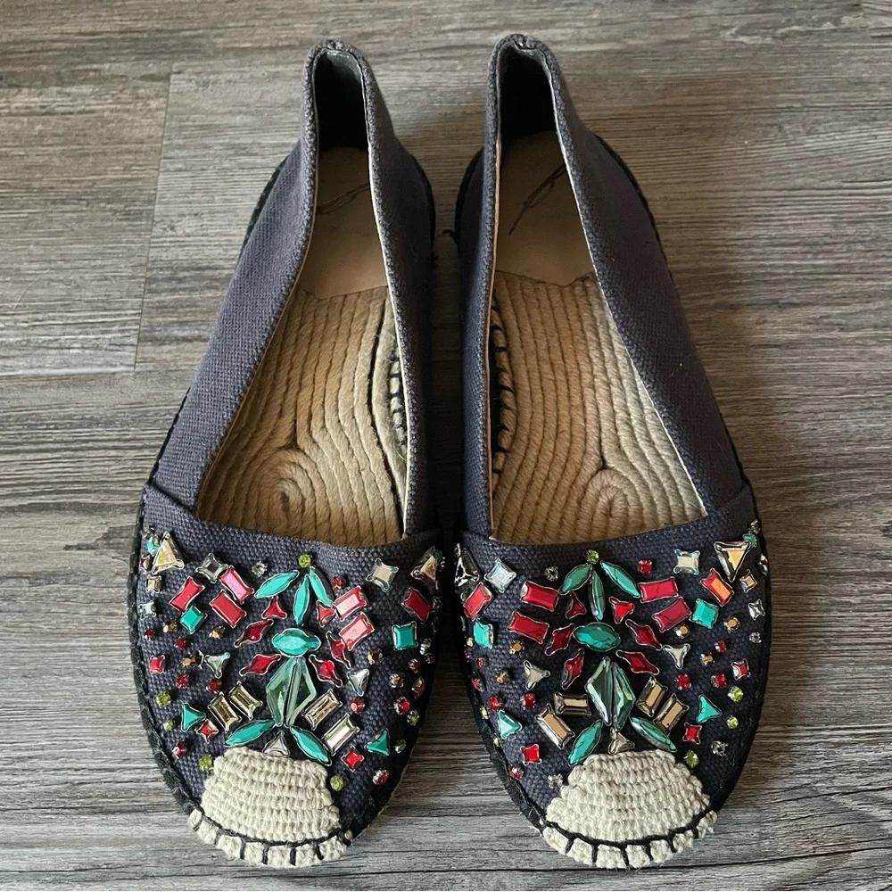Brian Atwood Hardesty Navy Blue Jeweled Espadrilles Flats Shoes 6.5